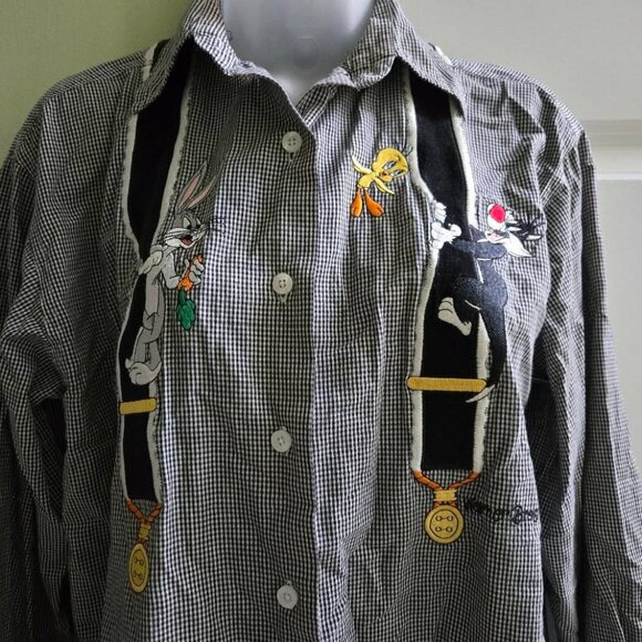 Vintage Warner Bros Looney Tunes Plaid Embroidered Suspenders Button Down Top - Picture 6 of 11